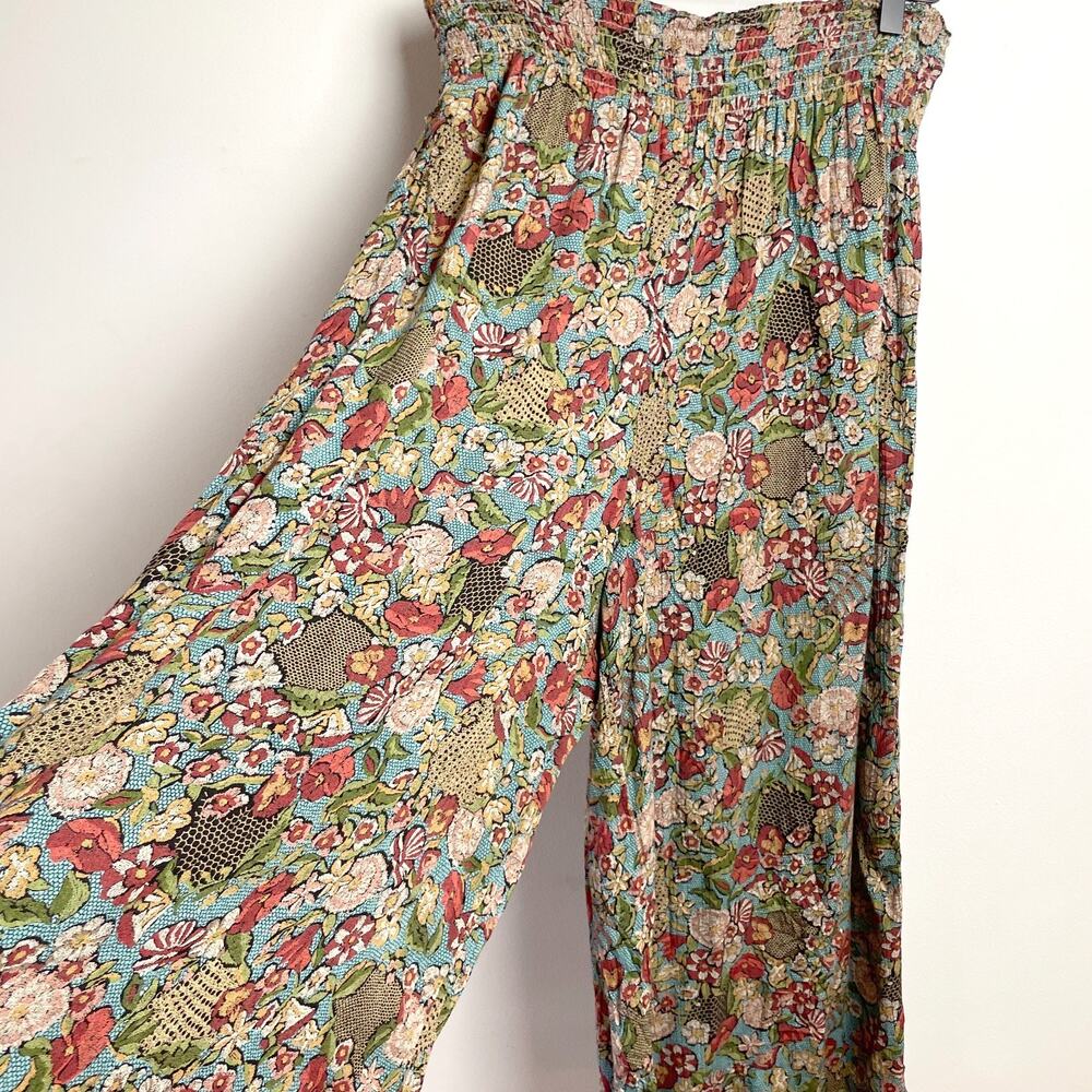Vintage 90s Flowy Wide Leg Pants Sz 6 Brown Green Forest Fairy Goblin Boho Crop - Picture 1 of 7